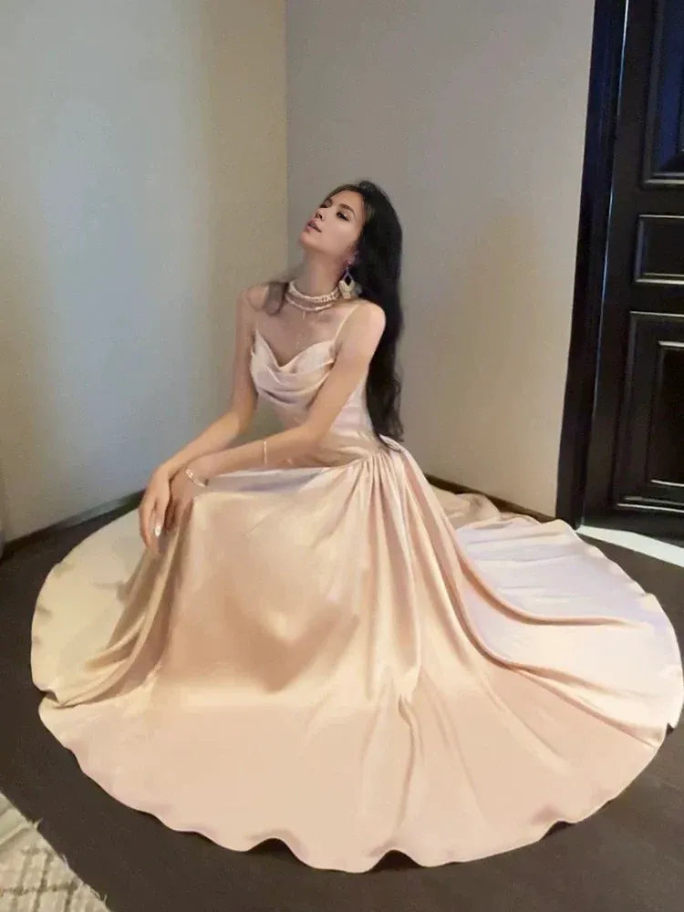 TingPo Wholesale Elegant Pretty A line Spaghetti Straps Pink Satin Prom Dresses Formal Evening Dress